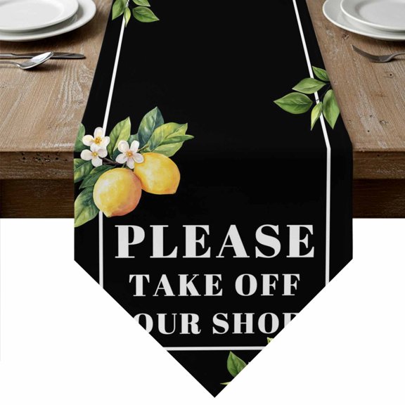 Table Runners 72 Inches Long, Lemon Letter Cotton Linen Kitchen Dining Coffee Table Runner for Party Home Decor, Summer Botanical Fruit Leaves Black Tabletop Dresser Scarves Runner Decor 16x72 Inch