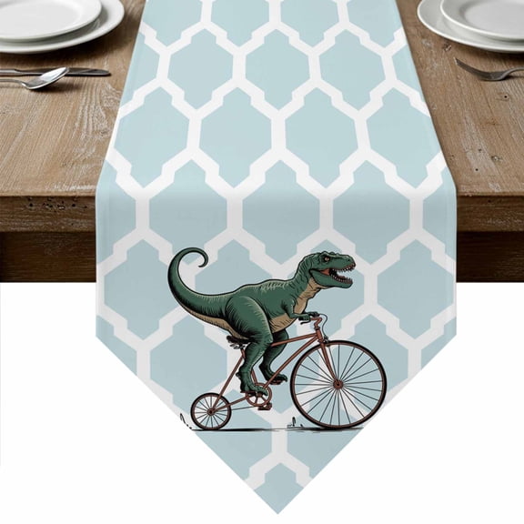 Table Runners 72 Inches Long, Morocco Blue Cotton Linen Kitchen Dining Coffee Table Runner for Party Home Decor, Cute Dinosaur Bike Vintage Tabletop Dresser Scarves Runner Decor 14x72 Inch