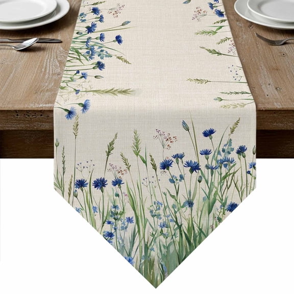 Table Runners 72 Inches Long, Navy Blue Wildflowers Cotton Linen Kitchen Dining Coffee Table Runner for Party Home Decor, Pastoral Botanical Floral Beige Tabletop Dresser Scarves Runner 16x72 Inch