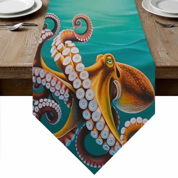 Table Runners 72 Inches Long, Octopus Coastal Cotton Linen Kitchen Dining Coffee Table Runner for Party Home Decor, Brown Teal Nautical Summer Ocean Tabletop Dresser Scarves Runner Decor 13x72 Inch