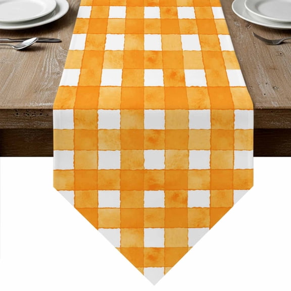 Table Runners 72 Inches Long, Orange Plaid Cotton Linen Kitchen Dining Coffee Table Runner for Party Home Decor, Watercolor Grid Checker Gingham Farmhouse Tabletop Dresser Scarves Runner 14x72 Inch
