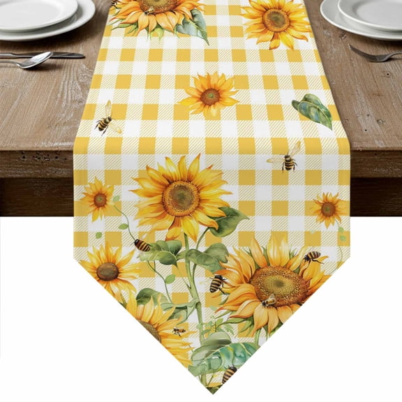 Table Runners 72 Inches Long, Orange Sunflower Cotton Linen Kitchen Dining Coffee Table Runner for Party Home Decor, Bee Floral Summer Rustic Buffalo Check Tabletop Dresser Scarves 13x72 Inch