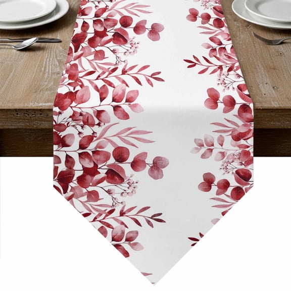 Table Runners 72 Inches Long, Pink Red Eucalyptus Leaves Cotton Linen Kitchen Dining Coffee Table Runner for Party Home Decor, Watercolor Spring Summer Botanical Tabletop Dresser Scarves 16x72 Inch