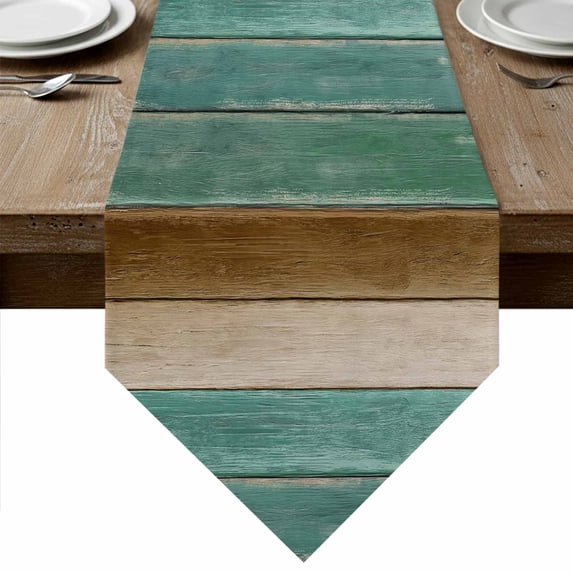 Table Runners 72 Inches Long, Retro Teal Green Brown Cotton Linen Kitchen Dining Coffee Table Runner for Party Home Decor, Farmhouse Wooden Art Retro Tabletop Dresser Scarves Runner 13x72 Inch