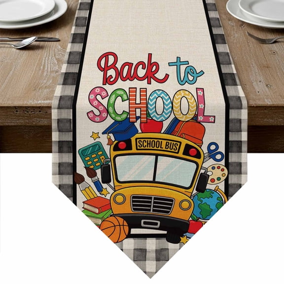 Table Runners 72 Inches Long, School Season Cotton Linen Kitchen Dining Coffee Table Runner for Party Home Decor, Bus Basketball Brush Black Buffalo Check Tabletop Dresser Scarves Runner 16x72 Inch