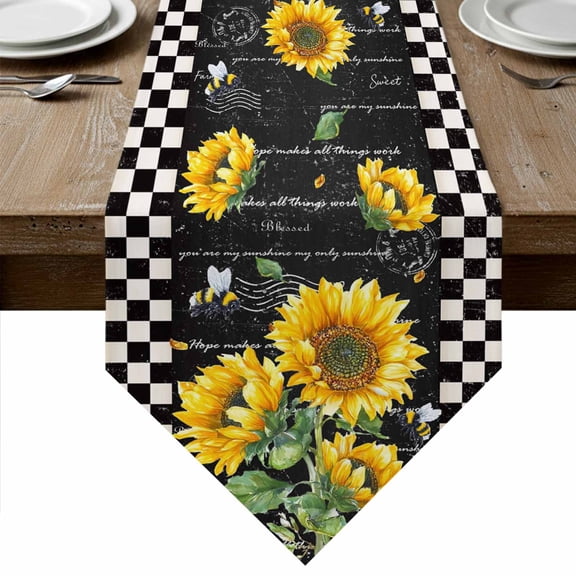 Table Runners 72 Inches Long, Sunflower Black Cotton Linen Kitchen Dining Coffee Table Runner for Party Home Decor, Vintage Farm Bee Black White Plaid Tabletop Dresser Scarves Runner 16x72 Inch