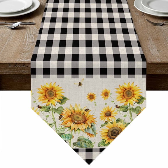 Table Runners 72 Inches Long, Sunflower Cotton Linen Kitchen Dining Coffee Table Runner for Party Home Decor, Retro Buffalo Plaid Black White Country Bee Tabletop Dresser Scarves Runner 14x72 Inch