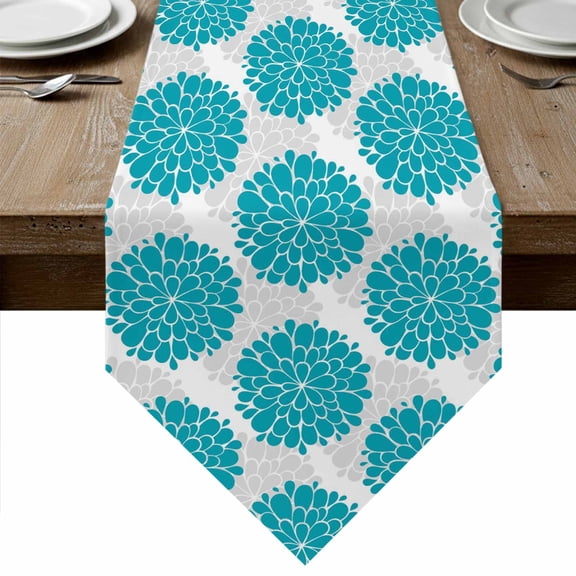 Table Runners 72 Inches Long, Turquoise Dahlia Cotton Linen Kitchen Dining Coffee Table Runner for Party Home Decor, Country Gray Abstract Floral Flowers Tabletop Dresser Scarves Runner 13x72 Inch