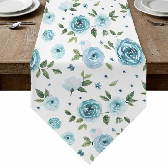 Table Runners 72 Inches Long, Turquoise Flowers Cotton Linen Kitchen Dining Coffee Table Runner for Party Home Decor, Modern Botanical Floral Leaves Plants Tabletop Dresser Scarves 16x72 Inch