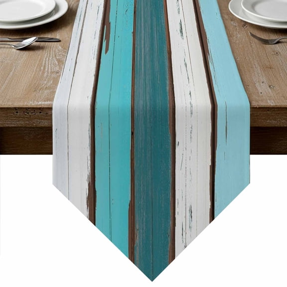Table Runners 72 Inches Long, Turquoise Teal Cotton Linen Kitchen Dining Coffee Table Runner for Party Home Decor, Farmhouse Retro Ombre Wooden Grain Tabletop Dresser Scarves Runner 16x72 Inch