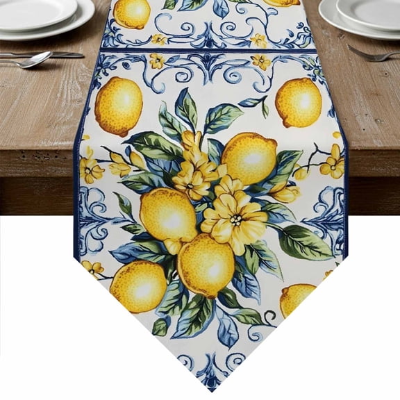 Table Runners 72 Inches Long, Yellow Lemon Cotton Linen Kitchen Dining Coffee Table Runner for Party Home Decor, Middle Century Blue Italian Textured Tabletop Dresser Scarves Runner 13x72 Inch