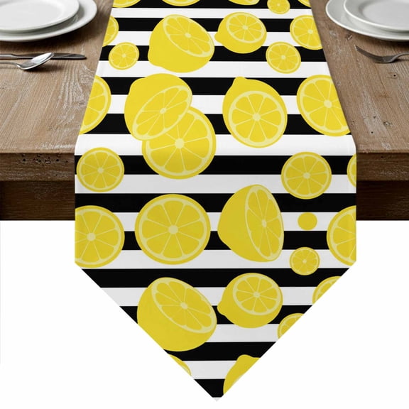 Table Runners 72 Inches Long, Yellow Summer Lemon Cotton Linen Kitchen Dining Coffee Table Runner for Party Home Decor, Black Stripe Farmhouse Botanical Tabletop Dresser Scarves Runner 16x72 Inch
