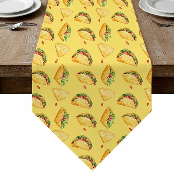 Table Runners 72 Inches Long, Yellow Tacos Cotton Linen Kitchen Dining Coffee Table Runner for Party Home Decor, Cheese Vegetables Cartoon Food Tabletop Dresser Scarves Runner Decor 14x72 Inch