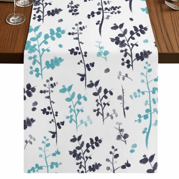 Table Runners 90 Inches Long Dress Scarves, Aqua Grey Botanical Farmhouse Coffee/Dining/Kitchen Table Runner for Living Room, Watercolor Spring Floral Summer Leaf 13x90 Inch