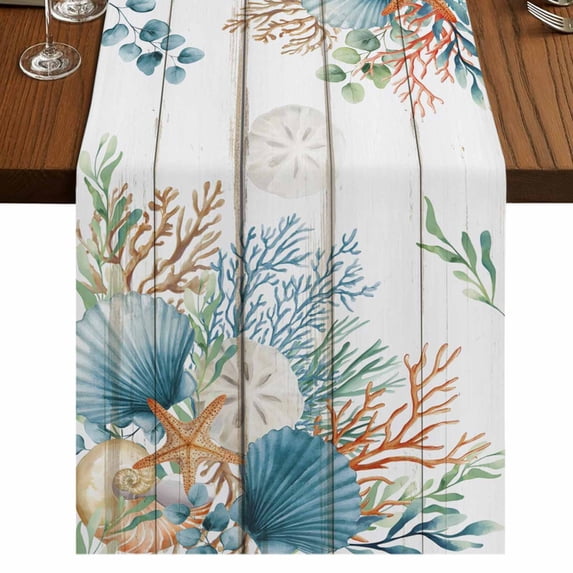 Table Runners 90 Inches Long Dress Scarves, Beach Coastal Farmhouse Coffee/Dining/Kitchen Table Runner for Living Room, Summer Nautical Coral Shell Botanical Vintage 13x90 Inch