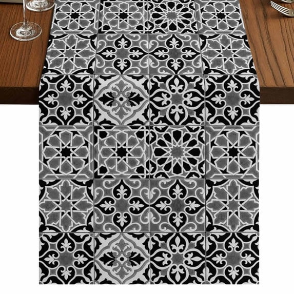 Table Runners 90 Inches Long Dress Scarves, Black Morocco Farmhouse Coffee/Dining/Kitchen Table Runner for Living Room, Traditional Tribal Abstract Geometric Art 13x90 Inch