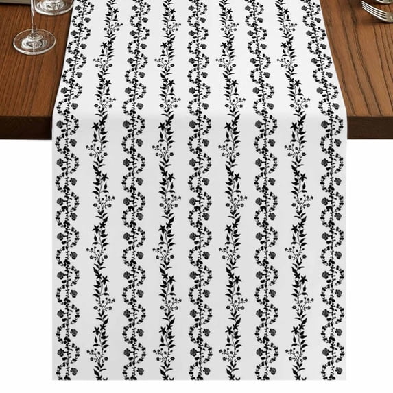 Table Runners 90 Inches Long Dress Scarves, Black Spring Leaves Farmhouse Coffee/Dining/Kitchen Table Runner for Living Room, Pastoral Botanical Striped Flowers 13x90 Inch