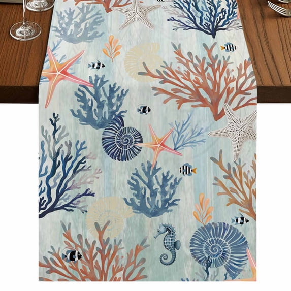 Table Runners 90 Inches Long Dress Scarves, Blue Coastal Farmhouse Coffee/Dining/Kitchen Table Runner for Living Room, Summer Beach Coral Shell Starfish Seahorse 13x90 Inch