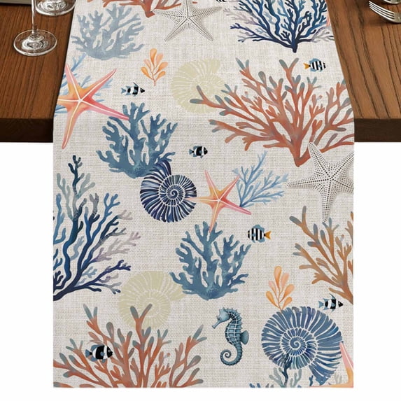 Table Runners 90 Inches Long Dress Scarves, Blue Coastal Farmhouse Coffee/Dining/Kitchen Table Runner for Living Room, Summer Beach Coral Shell Starfish Vintage 13x90 Inch