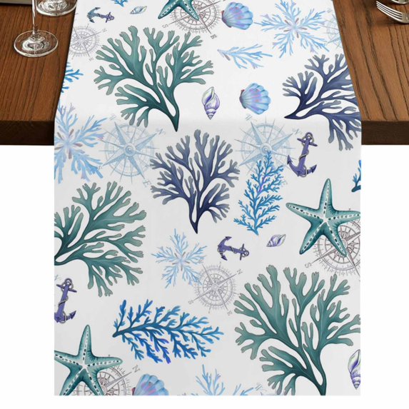Table Runners 90 Inches Long Dress Scarves, Blue Teal Coastal Farmhouse Coffee/Dining/Kitchen Table Runner for Living Room, Coral Starfish Seaside Summer Beach 13x90 Inch