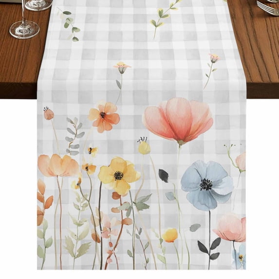 Table Runners 90 Inches Long Dress Scarves, Botanical Wildflowers Farmhouse Coffee/Dining/Kitchen Table Runner for Living Room, Spring Farmhouse Floral Grey Plaid 13x90 Inch