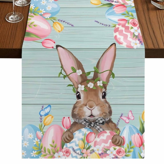 Table Runners 90 Inches Long Dress Scarves, Bunny Easter Farmhouse Coffee/Dining/Kitchen Table Runner for Living Room, Pink Blue Eggs Tulips Floral Rabbit Wooden 13x90 Inch
