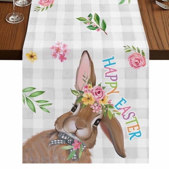 Table Runners 90 Inches Long Dress Scarves, Bunny Easter Farmhouse Coffee/Dining/Kitchen Table Runner for Living Room, Rabbit Grey Plaid Farmhouse Floral 13x90 Inch