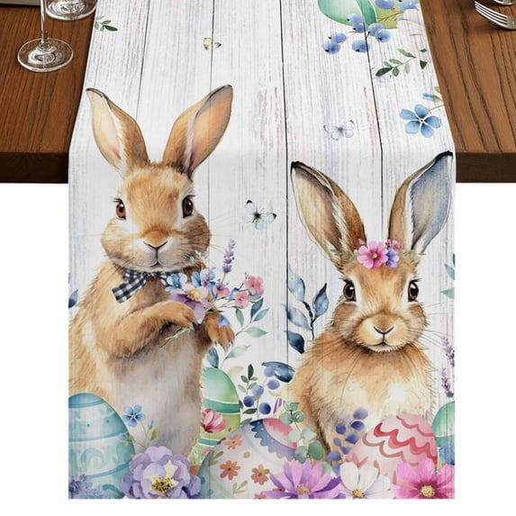 Table Runners 90 Inches Long Dress Scarves, Bunny Easter Farmhouse Coffee/Dining/Kitchen Table Runner for Living Room, Spring Floral Eucalyptus Leaves Weeping Wooden 13x90 Inch