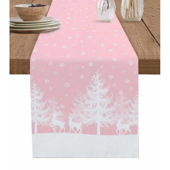 Table Runners 90 Inches Long Dress Scarves, Christmas Pink Farmhouse Coffee/Dining/Kitchen Table Runner for Living Room, White Xmas Tree Elk Winter Snowflake 13x90 Inch