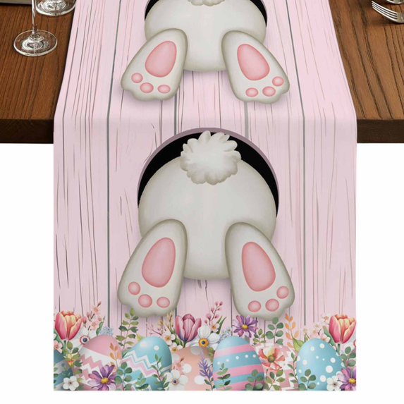 Table Runners 90 Inches Long Dress Scarves, Easter Bunny Farmhouse Coffee/Dining/Kitchen Table Runner for Living Room, Colorful Eggs Cute Rabbit Pink Country Wooden 13x90 Inch