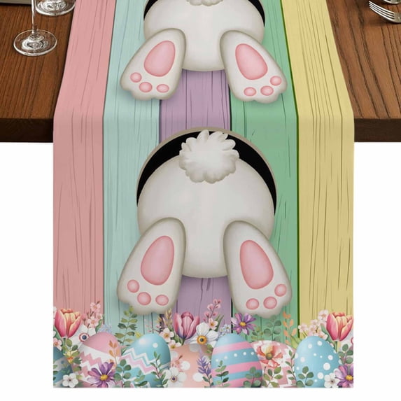 Table Runners 90 Inches Long Dress Scarves, Easter Bunny Farmhouse Coffee/Dining/Kitchen Table Runner for Living Room, Cute Rabbit Eggs Flowers Colorful Wood Plank 13x90 Inch