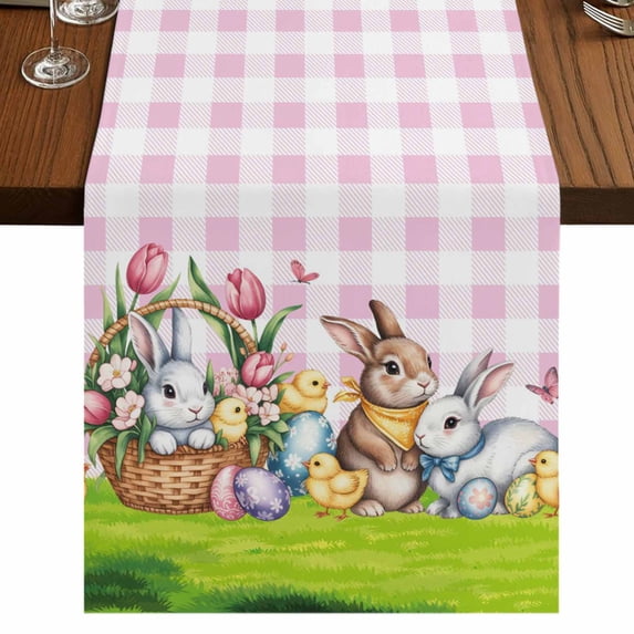 Table Runners 90 Inches Long Dress Scarves, Easter Bunny Farmhouse Coffee/Dining/Kitchen Table Runner for Living Room, Cute Rabbits Chickens Flowers Country Pink Plaid 13x90 Inch