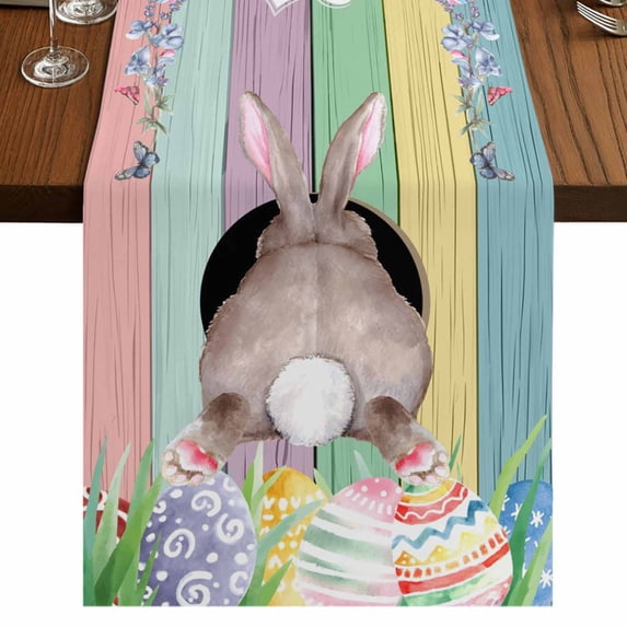 Table Runners 90 Inches Long Dress Scarves, Easter Bunny Farmhouse Coffee/Dining/Kitchen Table Runner for Living Room, Eggs Cute Rabbit Colorful Wooden Grain Rustic 13x90 Inch