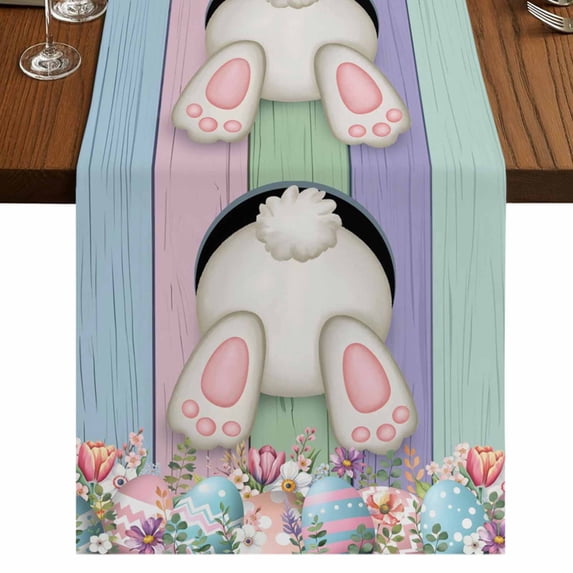 Table Runners 90 Inches Long Dress Scarves, Easter Bunny Farmhouse Coffee/Dining/Kitchen Table Runner for Living Room, Eggs Cute Rabbit Floral Colorful Country Wooden 13x90 Inch
