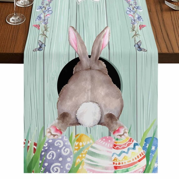 Table Runners 90 Inches Long Dress Scarves, Easter Bunny Farmhouse Coffee/Dining/Kitchen Table Runner for Living Room, Eggs Cute Rabbit Green Wooden Plank Country 13x90 Inch