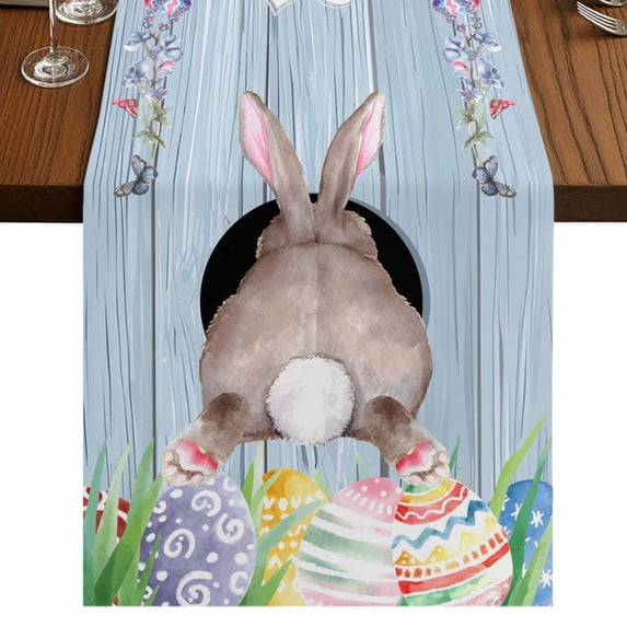 Table Runners 90 Inches Long Dress Scarves, Easter Bunny Farmhouse Coffee/Dining/Kitchen Table Runner for Living Room, Eggs Cute Rabbit Purple Wooden Grain Rustic 13x90 Inch