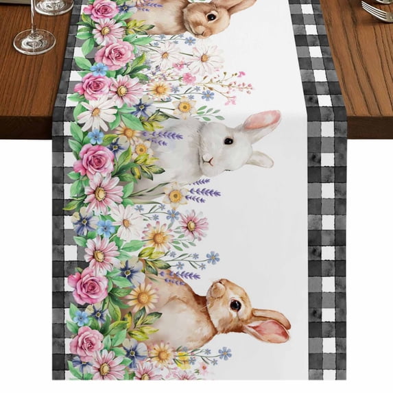 Table Runners 90 Inches Long Dress Scarves, Easter Bunny Farmhouse Coffee/Dining/Kitchen Table Runner for Living Room, Spring Daisy Flowers Rabbits Buffalo Plaid 13x90 Inch