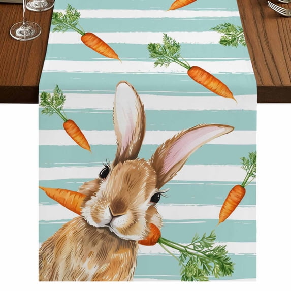 Table Runners 90 Inches Long Dress Scarves, Easter Bunny Farmhouse Coffee/Dining/Kitchen Table Runner for Living Room, Spring Rabbits Carrots Turquoise Stripes 13x90 Inch