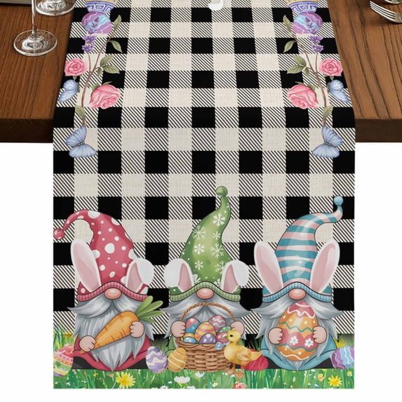 Table Runners 90 Inches Long Dress Scarves, Easter Bunny Gnomes Farmhouse Coffee/Dining/Kitchen Table Runner for Living Room, Spring Easter Eggs Floral Black Plaid 13x90 Inch