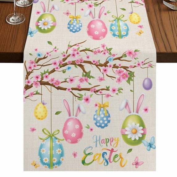 Table Runners 90 Inches Long Dress Scarves, Easter Eggs Farmhouse Coffee/Dining/Kitchen Table Runner for Living Room, Spring Watercolor Bunny Flower on Linen 13x90 Inch