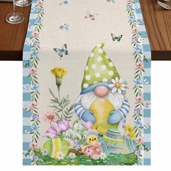 Table Runners 90 Inches Long Dress Scarves, Easter Farmhouse Coffee/Dining/Kitchen Table Runner for Living Room, Gnomes Colorful Eggs Butterfly Flowers Blue Check 13x90 Inch