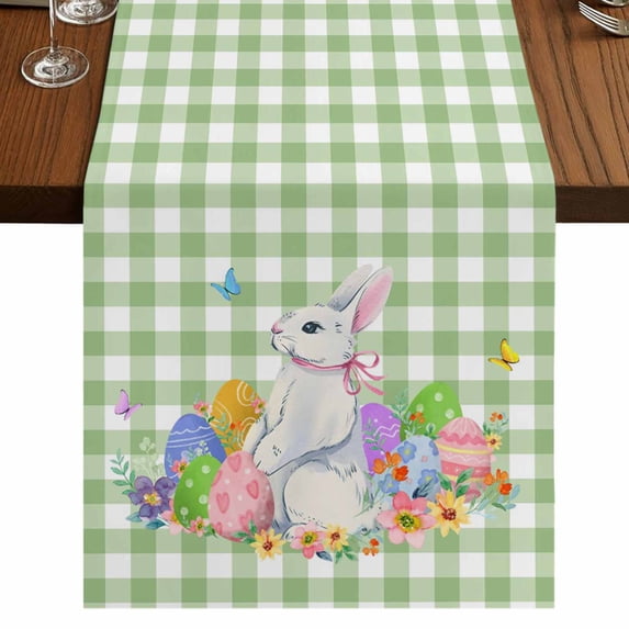Table Runners 90 Inches Long Dress Scarves, Easter Farmhouse Coffee/Dining/Kitchen Table Runner for Living Room, Spring Watercolor Bunny Eggs Butterflies Green Plaid 13x90 Inch