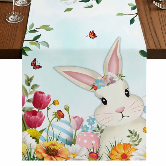 Table Runners 90 Inches Long Dress Scarves, Easter Farmhouse Coffee/Dining/Kitchen Table Runner for Living Room, Spring Watercolor Bunny Eggs Tulip Flower Plant 13x90 Inch