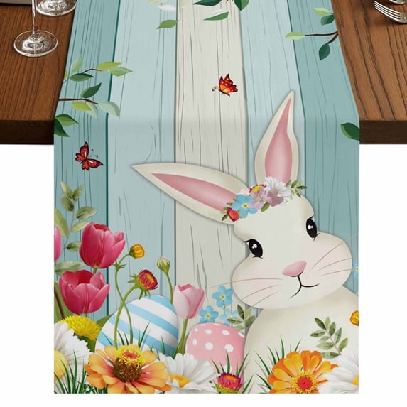 Table Runners 90 Inches Long Dress Scarves, Easter Farmhouse Coffee/Dining/Kitchen Table Runner for Living Room, Spring Watercolor Bunny Eggs Tulip Wooden Grain 13x90 Inch
