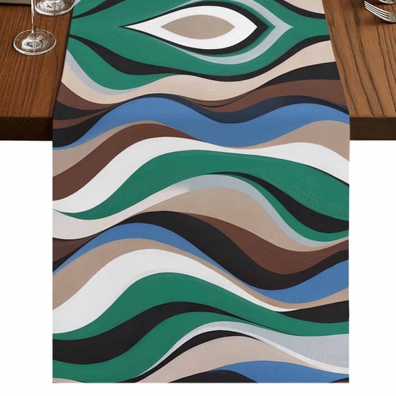 Table Runners 90 Inches Long Dress Scarves, Green Blue Brown Moire Farmhouse Coffee/Dining/Kitchen Table Runner for Living Room, Modern Abstract Art 13x90 Inch