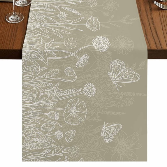 Table Runners 90 Inches Long Dress Scarves, Green Brown Wildflowers Farmhouse Coffee/Dining/Kitchen Table Runner for Living Room, Modern Floral Butterfly Plant 13x90 Inch