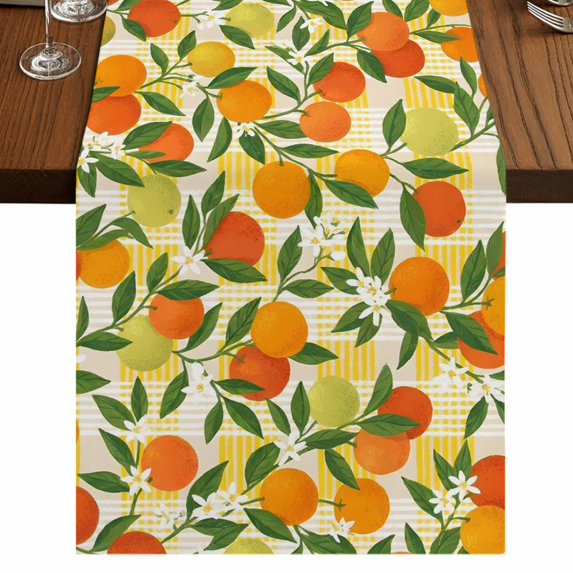 Table Runners 90 Inches Long Dress Scarves, Green Orange Farmhouse Coffee/Dining/Kitchen Table Runner for Living Room, Summer Botanical Leaves Watercolor Checkered 13x90 Inch