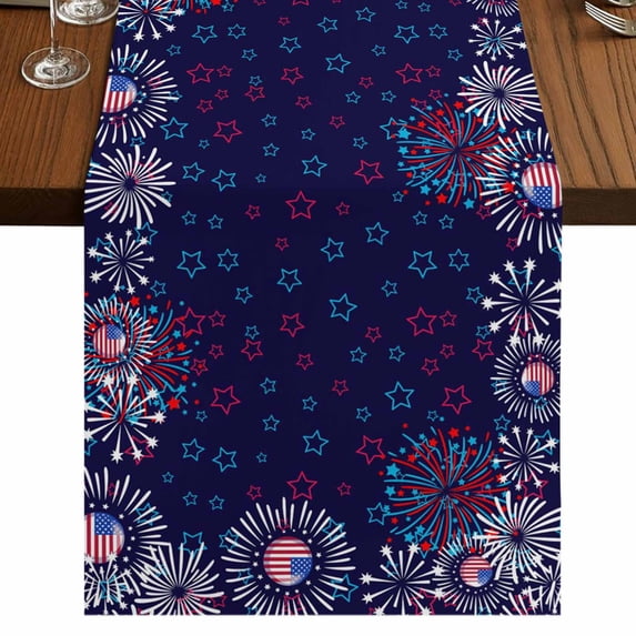 Table Runners 90 Inches Long Dress Scarves, Independence Day Farmhouse Coffee/Dining/Kitchen Table Runner for Living Room, Blue Fireworks US Flag Stars Sparklers Modern 13x90 Inch