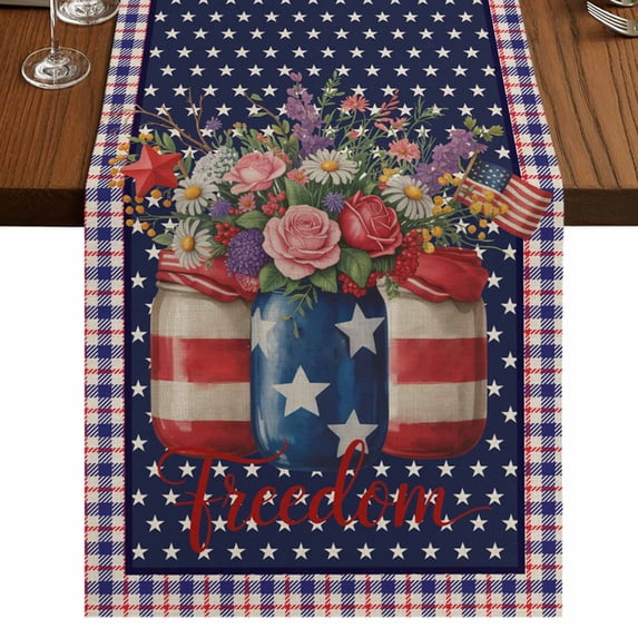Table Runners 90 Inches Long Dress Scarves, Independence Day Farmhouse Coffee/Dining/Kitchen Table Runner for Living Room, US Flag Stars Spring Flowers Retro Blue 13x90 Inch