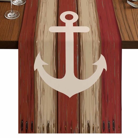 Table Runners 90 Inches Long Dress Scarves, Nautical Anchor Farmhouse Coffee/Dining/Kitchen Table Runner for Living Room, Red Beige Rretro Wooden Board Textures 13x90 Inch